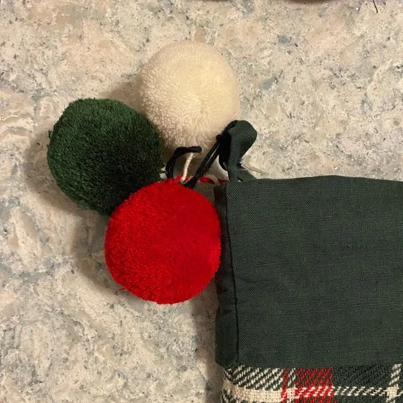 Hearth & Hand Linen Blend Plaid Stocking with Pom Pom’s - Picture 2 of 6